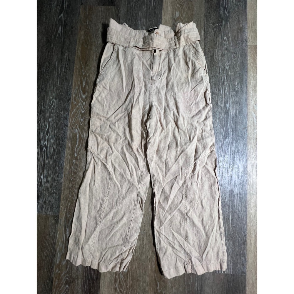 Nicole Miller Pants Womens 6 Beige 100% Linen Wide Leg High Waist Belted Pants